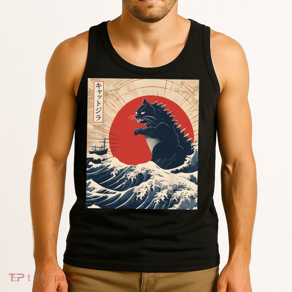Funny Cat Kaiju Japanese Sunset Vintage Catzilla Great Wave Tank Top