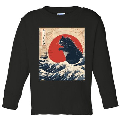 Funny Cat Kaiju Japanese Sunset Vintage Catzilla Great Wave Toddler Long Sleeve Shirt