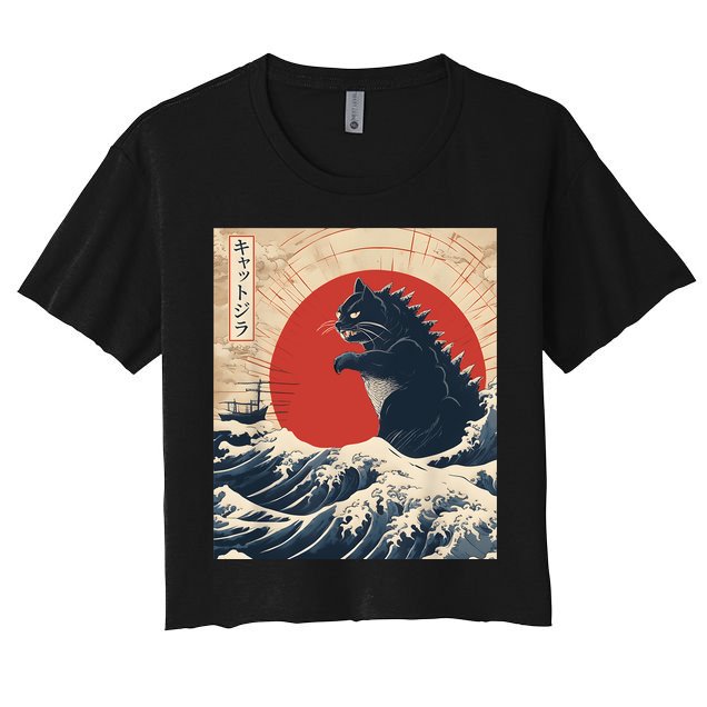 Funny Cat Kaiju Japanese Sunset Vintage Catzilla Great Wave Women's Crop Top Tee