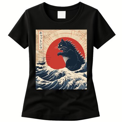 Funny Cat Kaiju Japanese Sunset Vintage Catzilla Great Wave Womens T-Shirt