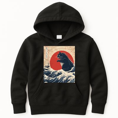 Funny Cat Kaiju Japanese Sunset Vintage Catzilla Great Wave Kids Hoodie