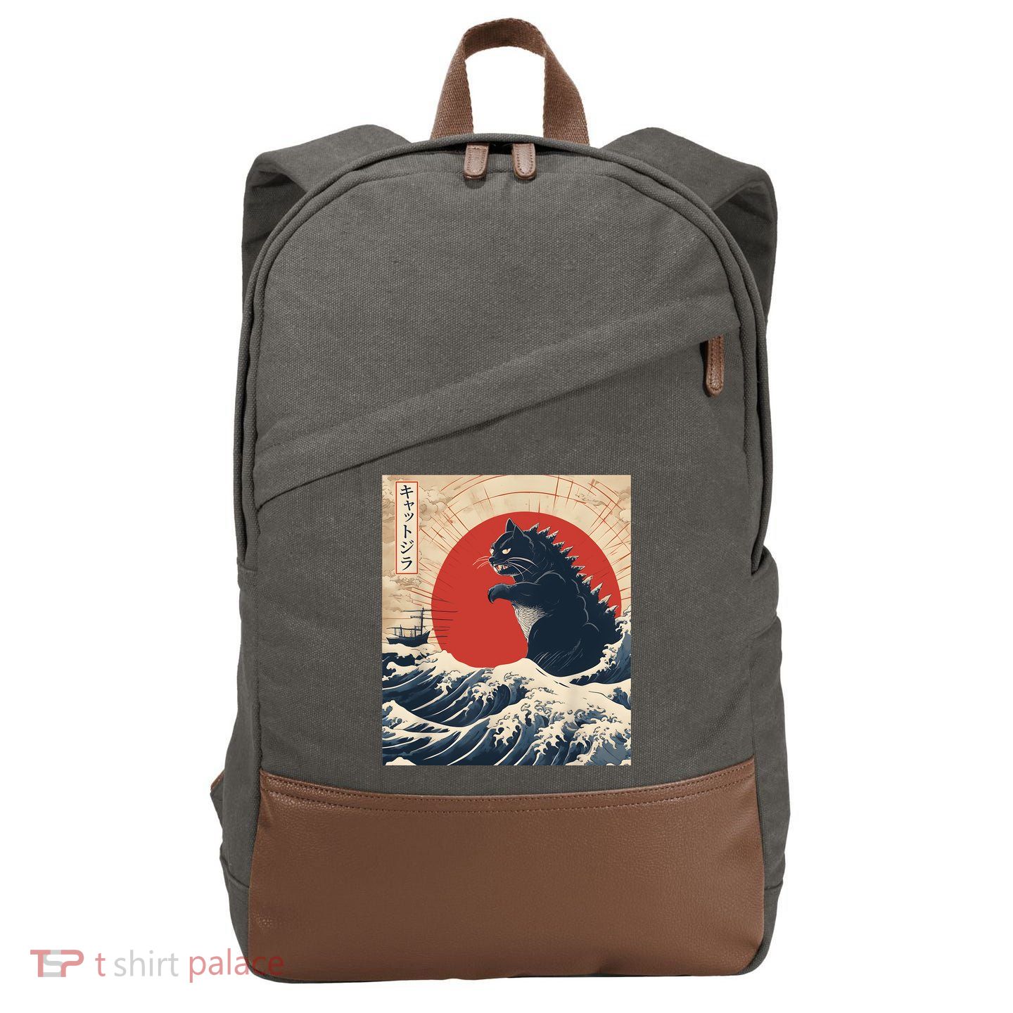 Funny Cat Kaiju Japanese Sunset Vintage Catzilla Great Wave Cotton Canvas Backpack