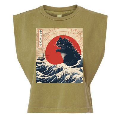 Funny Cat Kaiju Japanese Sunset Vintage Catzilla Great Wave Garment-Dyed Women's Muscle Tee