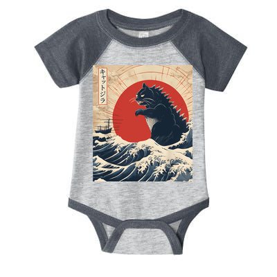 Funny Cat Kaiju Japanese Sunset Vintage Catzilla Great Wave Infant Baby Jersey Bodysuit