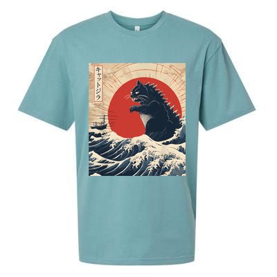 Funny Cat Kaiju Japanese Sunset Vintage Catzilla Great Wave Sueded Cloud Jersey T-Shirt