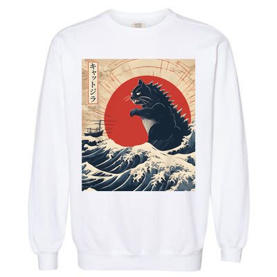 Funny Cat Kaiju Japanese Sunset Vintage Catzilla Great Wave Garment-Dyed Sweatshirt