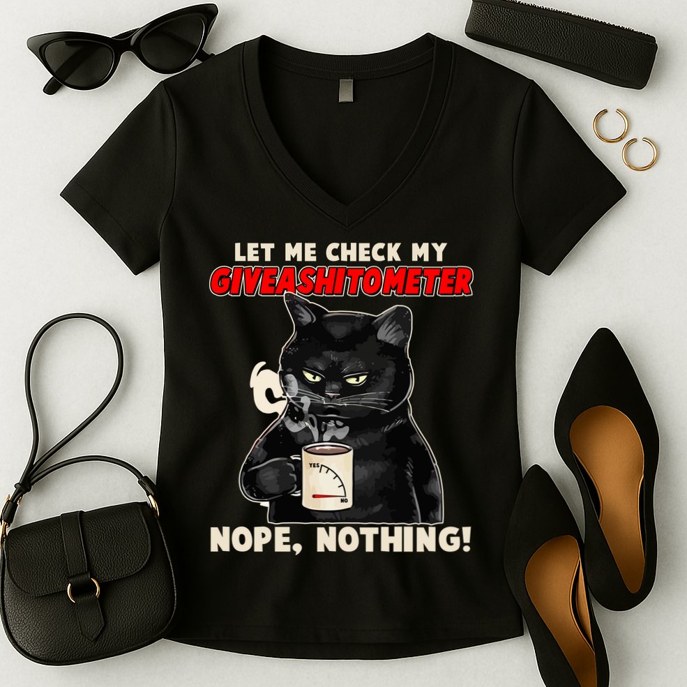 Funny Cat Let Me Check My GiveAShitOMeter Nope Nothing Women's V-Neck T-Shirt