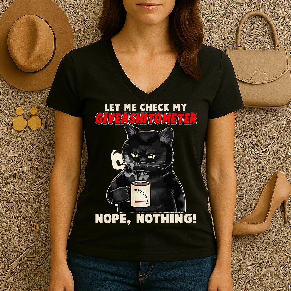 Funny Cat Let Me Check My GiveAShitOMeter Nope Nothing Women's V-Neck T-Shirt