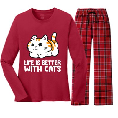 Funny Cat Lover Cute Kittens Life Is Better With Cats Women's Long Sleeve Flannel Pajama Set 