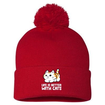 Funny Cat Lover Cute Kittens Life Is Better With Cats Pom Pom 12in Knit Beanie