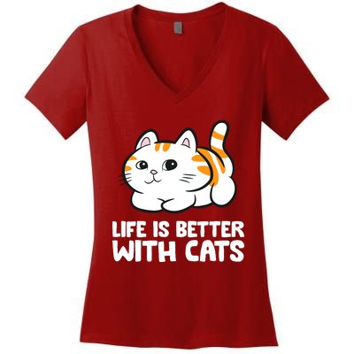 Funny Cat Lover Cute Kittens Life Is Better With Cats Women's V-Neck T-Shirt