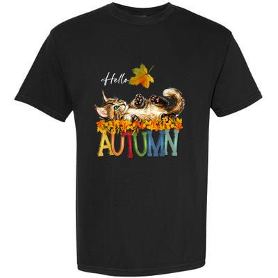 Funny Cat Leaf Fall Hello Autumn Cute Kitten Cat Lovers Garment-Dyed Heavyweight T-Shirt