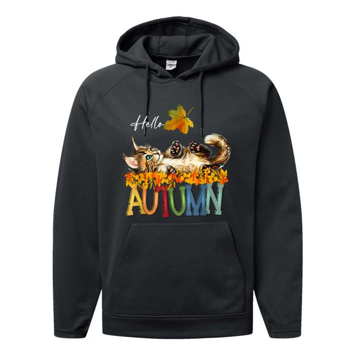 Funny Cat Leaf Fall Hello Autumn Cute Kitten Cat Lovers Performance Fleece Hoodie