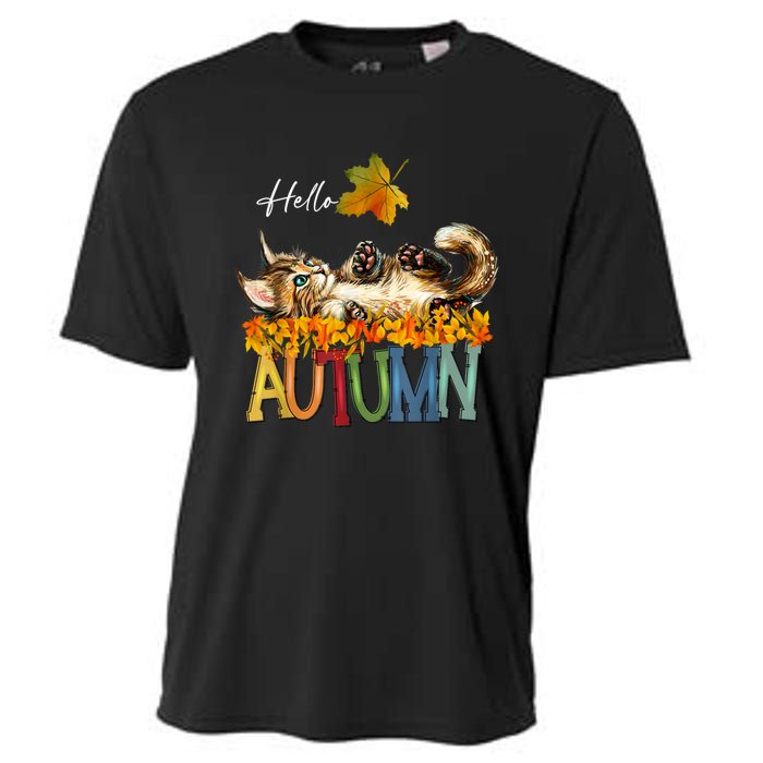 Funny Cat Leaf Fall Hello Autumn Cute Kitten Cat Lovers Cooling Performance Crew T-Shirt