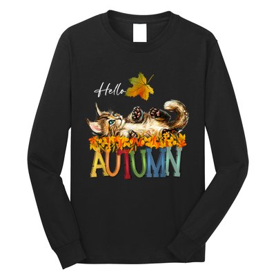 Funny Cat Leaf Fall Hello Autumn Cute Kitten Cat Lovers Long Sleeve Shirt