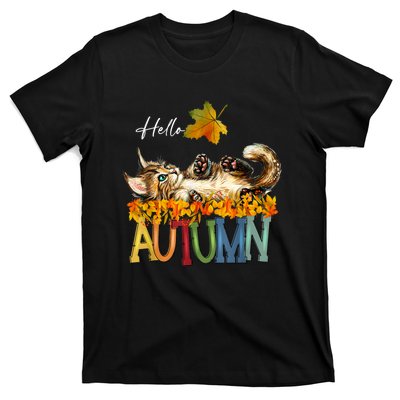 Funny Cat Leaf Fall Hello Autumn Cute Kitten Cat Lovers T-Shirt