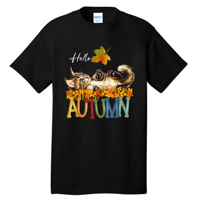 Funny Cat Leaf Fall Hello Autumn Cute Kitten Cat Lovers Tall T-Shirt