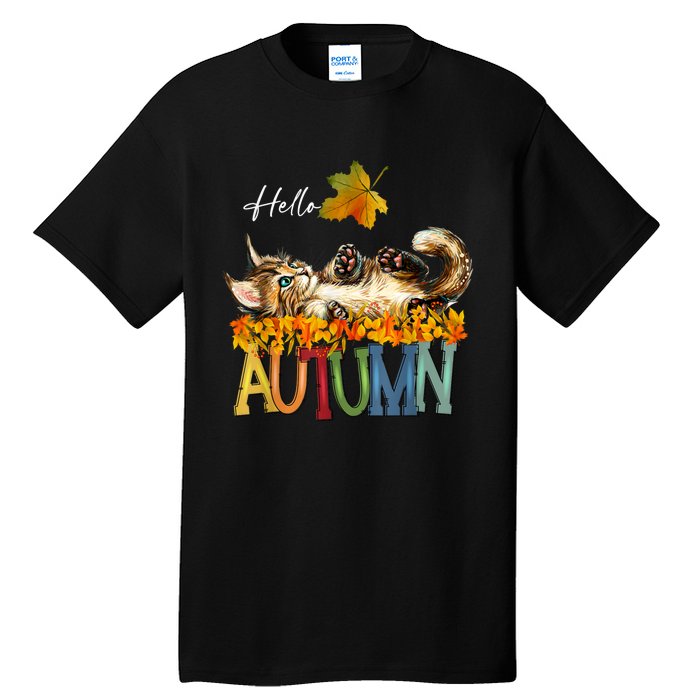 Funny Cat Leaf Fall Hello Autumn Cute Kitten Cat Lovers Tall T-Shirt