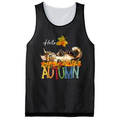 Funny Cat Leaf Fall Hello Autumn Cute Kitten Cat Lovers Mesh Reversible Basketball Jersey Tank