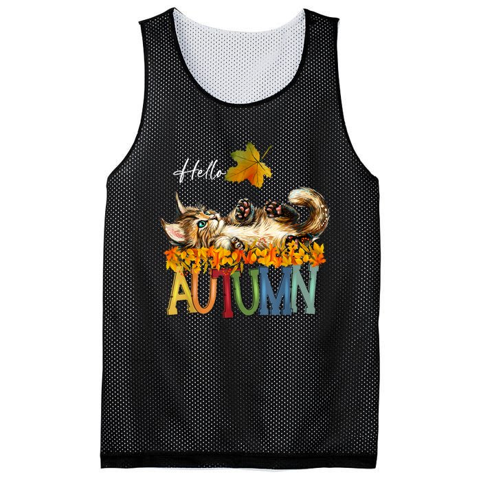 Funny Cat Leaf Fall Hello Autumn Cute Kitten Cat Lovers Mesh Reversible Basketball Jersey Tank