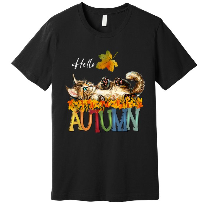 Funny Cat Leaf Fall Hello Autumn Cute Kitten Cat Lovers Premium T-Shirt