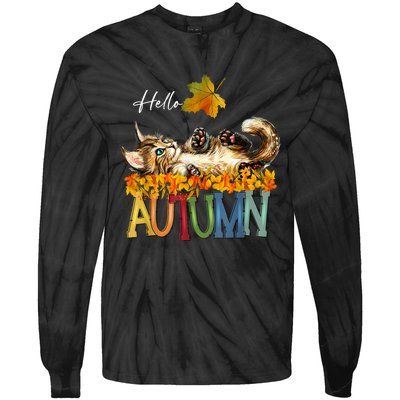 Funny Cat Leaf Fall Hello Autumn Cute Kitten Cat Lovers Tie-Dye Long Sleeve Shirt