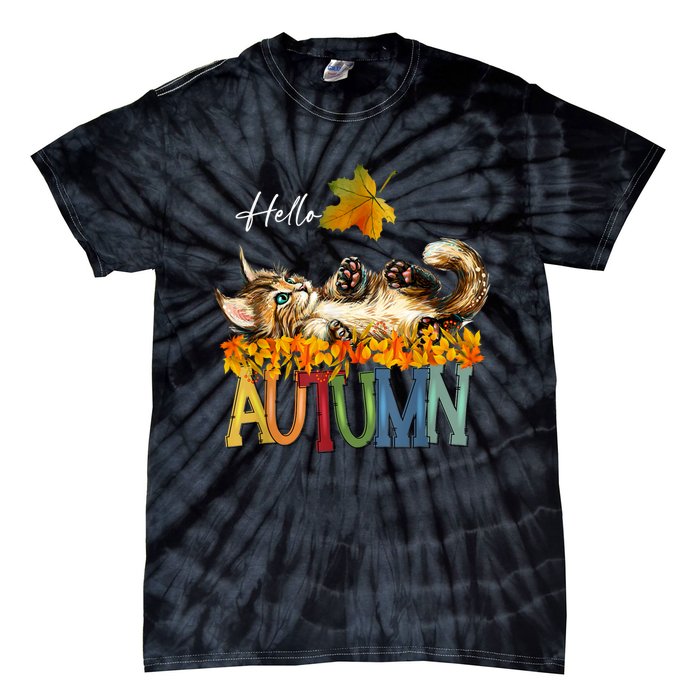 Funny Cat Leaf Fall Hello Autumn Cute Kitten Cat Lovers Tie-Dye T-Shirt