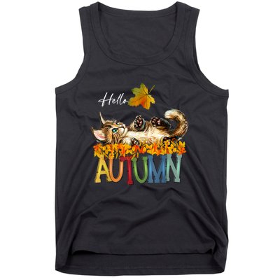 Funny Cat Leaf Fall Hello Autumn Cute Kitten Cat Lovers Tank Top