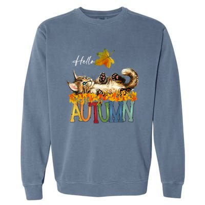 Funny Cat Leaf Fall Hello Autumn Cute Kitten Cat Lovers Garment-Dyed Sweatshirt