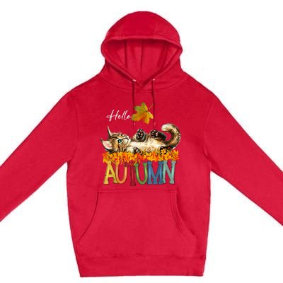 Funny Cat Leaf Fall Hello Autumn Cute Kitten Cat Lovers Premium Pullover Hoodie