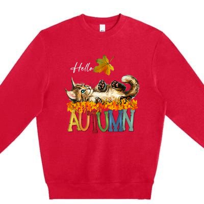 Funny Cat Leaf Fall Hello Autumn Cute Kitten Cat Lovers Premium Crewneck Sweatshirt