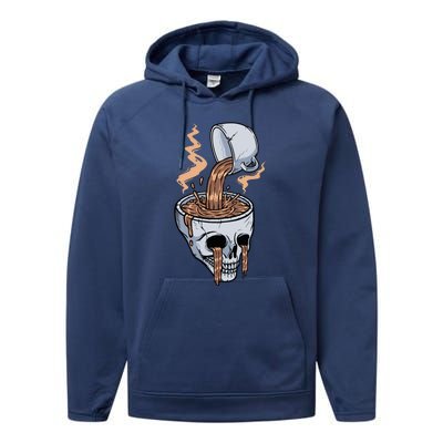 Funny Coffee Lover Skull Coffee Addict Coffee Cup Skull Head Performance Fleece Hoodie