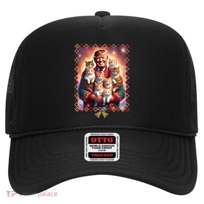 Funny Cat Lover Christmas Trump Ugly Christmas Gift High Crown Mesh Back Trucker Hat