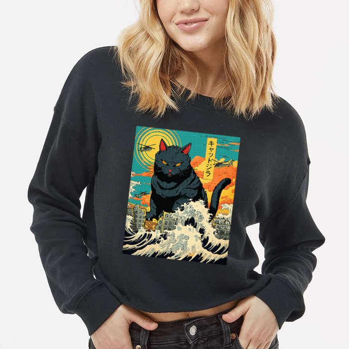 Funny Cat Lover Catzilla Cat Owner Cropped Pullover Crew