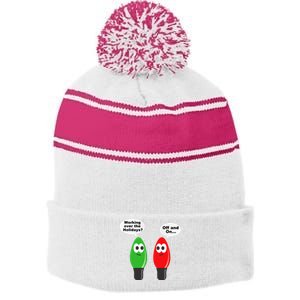 Funny Christmas Lights Joke Light Bulb Working Off On Pun Stripe Pom Pom Beanie