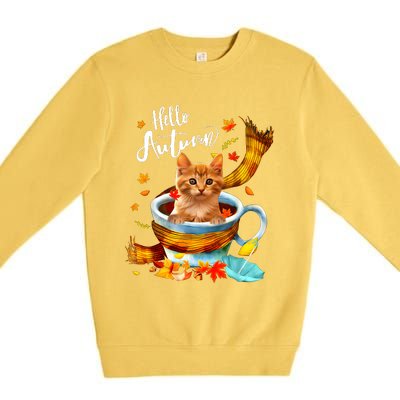 Funny Cat Leaf Fall Hello Autumn Cute Kitten Cat Lovers Premium Crewneck Sweatshirt