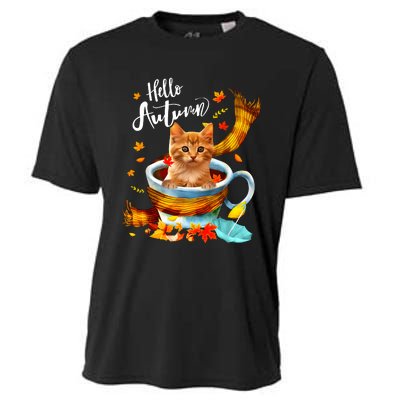 Funny Cat Leaf Fall Hello Autumn Cute Kitten Cat Lovers Cooling Performance Crew T-Shirt