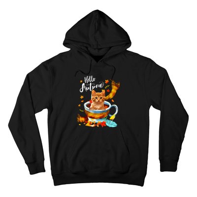 Funny Cat Leaf Fall Hello Autumn Cute Kitten Cat Lovers Hoodie