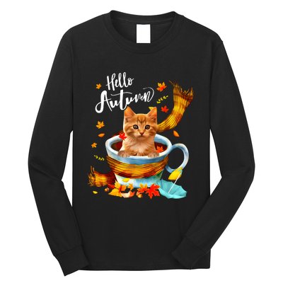 Funny Cat Leaf Fall Hello Autumn Cute Kitten Cat Lovers Long Sleeve Shirt