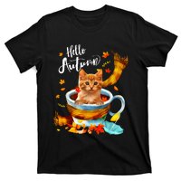 Funny Cat Leaf Fall Hello Autumn Cute Kitten Cat Lovers T-Shirt