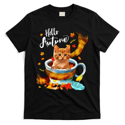 Funny Cat Leaf Fall Hello Autumn Cute Kitten Cat Lovers T-Shirt