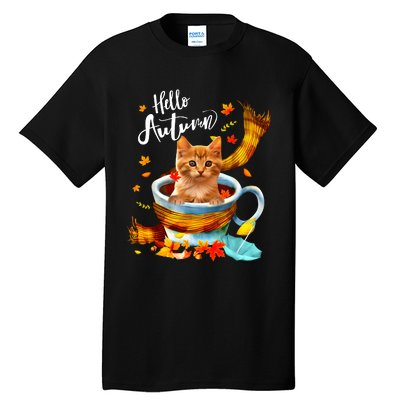 Funny Cat Leaf Fall Hello Autumn Cute Kitten Cat Lovers Tall T-Shirt