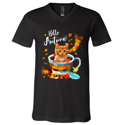 Funny Cat Leaf Fall Hello Autumn Cute Kitten Cat Lovers V-Neck T-Shirt