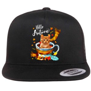 Funny Cat Leaf Fall Hello Autumn Cute Kitten Cat Lovers Flat Bill Trucker Hat