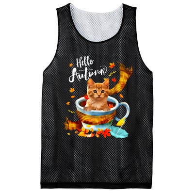 Funny Cat Leaf Fall Hello Autumn Cute Kitten Cat Lovers Mesh Reversible Basketball Jersey Tank