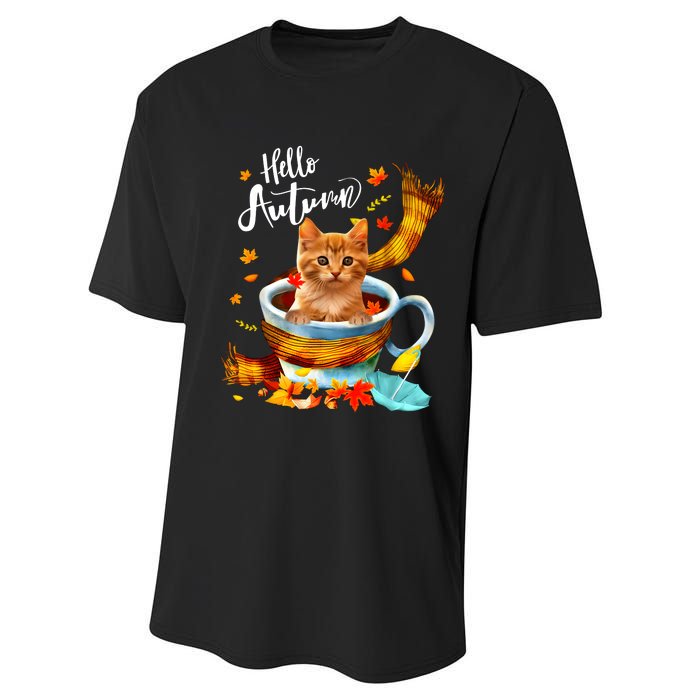 Funny Cat Leaf Fall Hello Autumn Cute Kitten Cat Lovers Performance Sprint T-Shirt