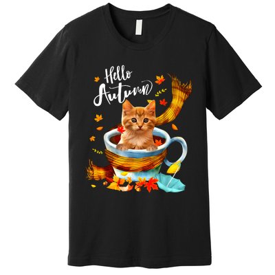 Funny Cat Leaf Fall Hello Autumn Cute Kitten Cat Lovers Premium T-Shirt