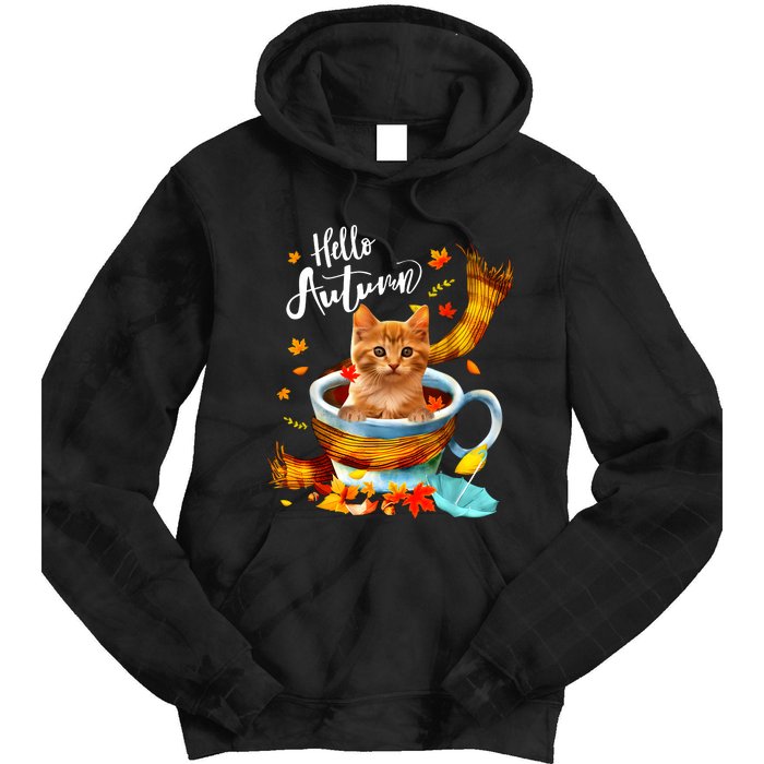 Funny Cat Leaf Fall Hello Autumn Cute Kitten Cat Lovers Tie Dye Hoodie