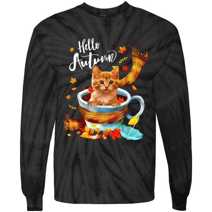 Funny Cat Leaf Fall Hello Autumn Cute Kitten Cat Lovers Tie-Dye Long Sleeve Shirt