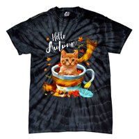 Funny Cat Leaf Fall Hello Autumn Cute Kitten Cat Lovers Tie-Dye T-Shirt